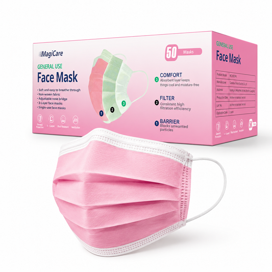 MagiCare pink 3-ply disposable face masks 50 count box with one pink ear loop mask displayed