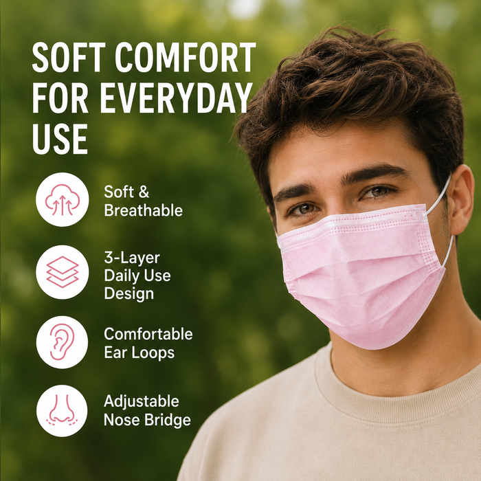 Adult wearing MagiCare pink 3-ply disposable face mask with breathable material soft ear loops and adjustable nose bridge