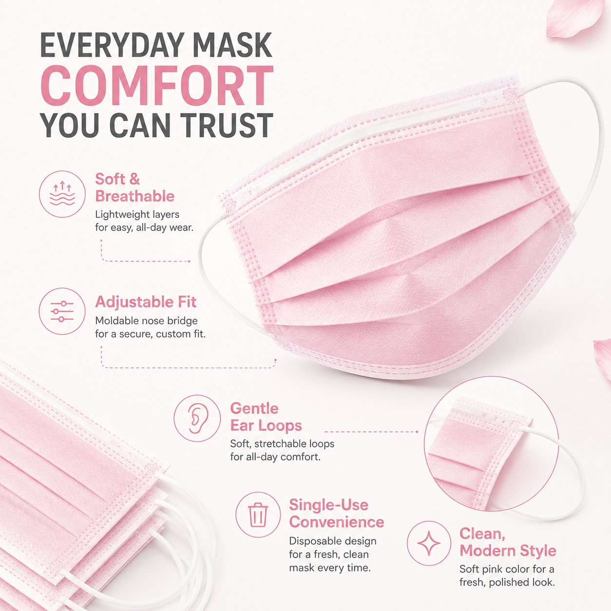 MagiCare pink disposable face mask features including breathable material adjustable nose bridge soft ear loops and single-use design