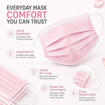 MagiCare pink disposable face mask features including breathable material adjustable nose bridge soft ear loops and single-use design