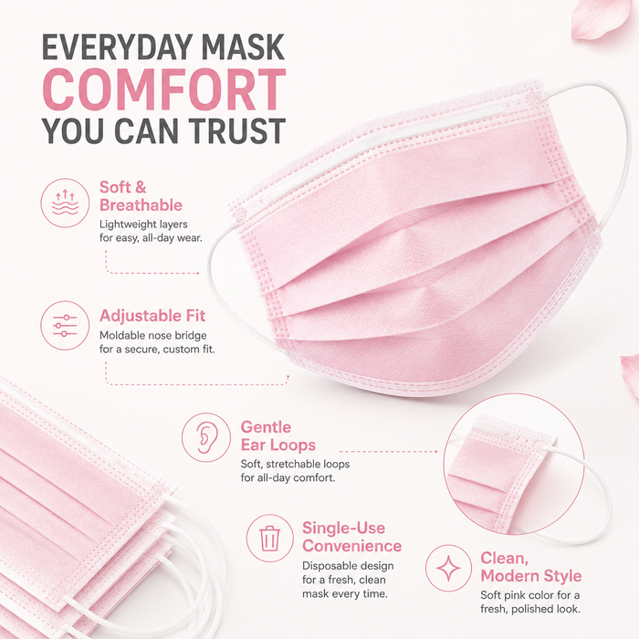 MagiCare pink disposable face mask features including breathable material adjustable nose bridge soft ear loops and single-use design