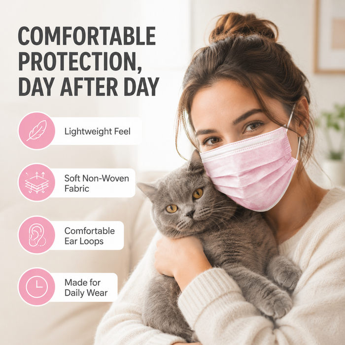 Adult wearing MagiCare pink 3-ply disposable face mask at home with lightweight feel soft non-woven fabric and comfortable ear loops