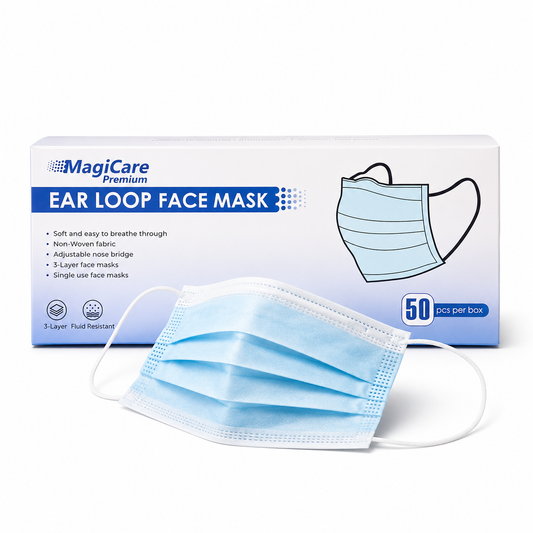 MagiCare Premium Blue 3-ply disposable face masks 50 count box with one blue ear loop mask displayed