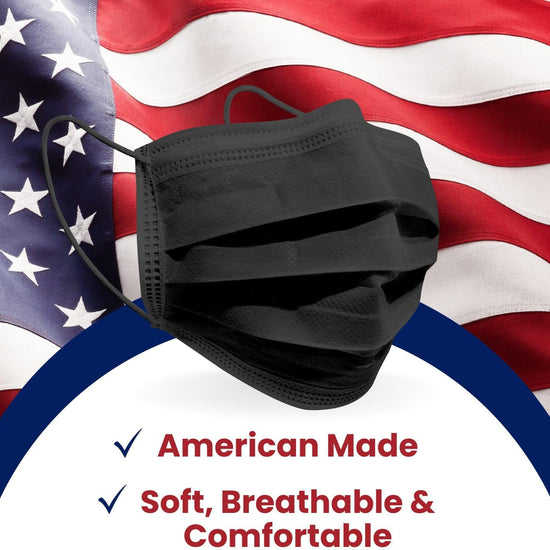 MagiCare Made in USA Masks - Black Face Masks Disposable - Premium 3 Ply Face Mask for Adults - Comfortable, Soft, Breathable - Black Face Mask American Made - 50ct Box