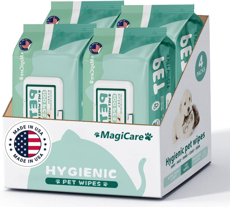 MAGICARE Dog Wipes – 400 pcs Dog Cleaning Wipes Bundle – Enriched with Vitamin E and Aloe Vera – 8 x 8 inch Cat Cleaning Wipes – Large Pet Wipes Made in The USA – Vet and Groomer Recommended