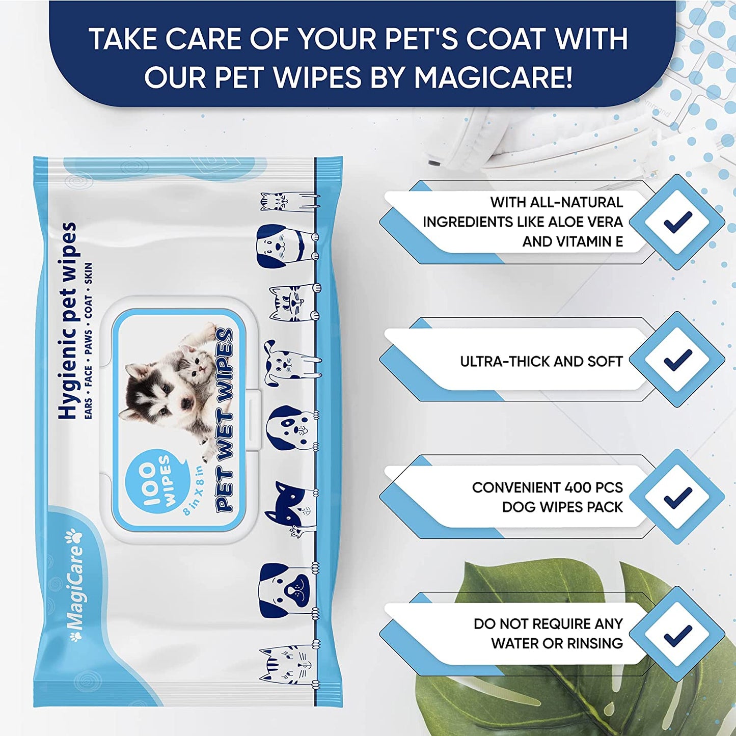 MagiCare Unscented Pet Wipes for Dogs & Cats, 400ct Soft Packs