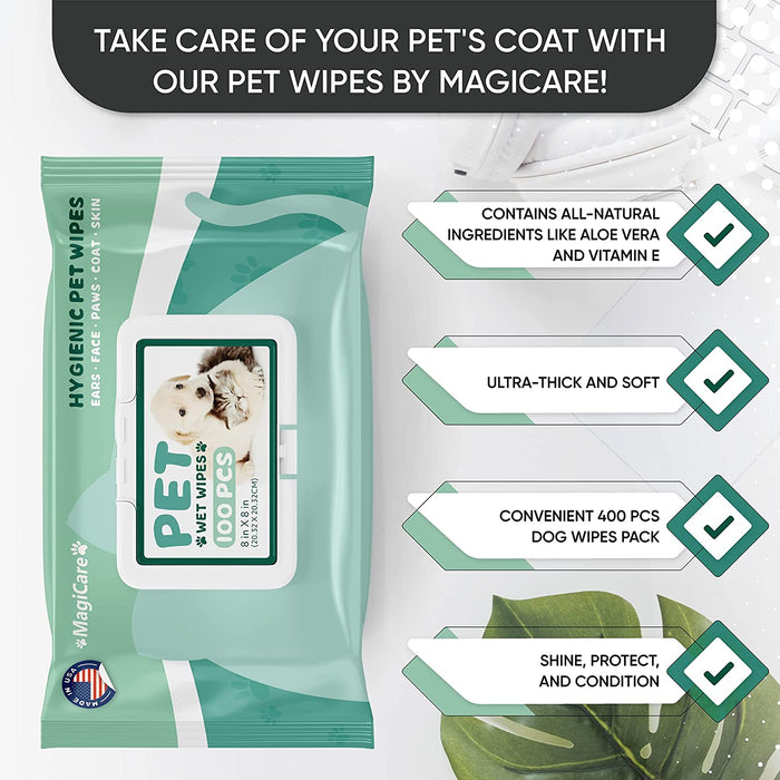 MAGICARE Dog Wipes – 400 pcs Dog Cleaning Wipes Bundle – Enriched with Vitamin E and Aloe Vera – 8 x 8 inch Cat Cleaning Wipes – Large Pet Wipes Made in The USA – Vet and Groomer Recommended