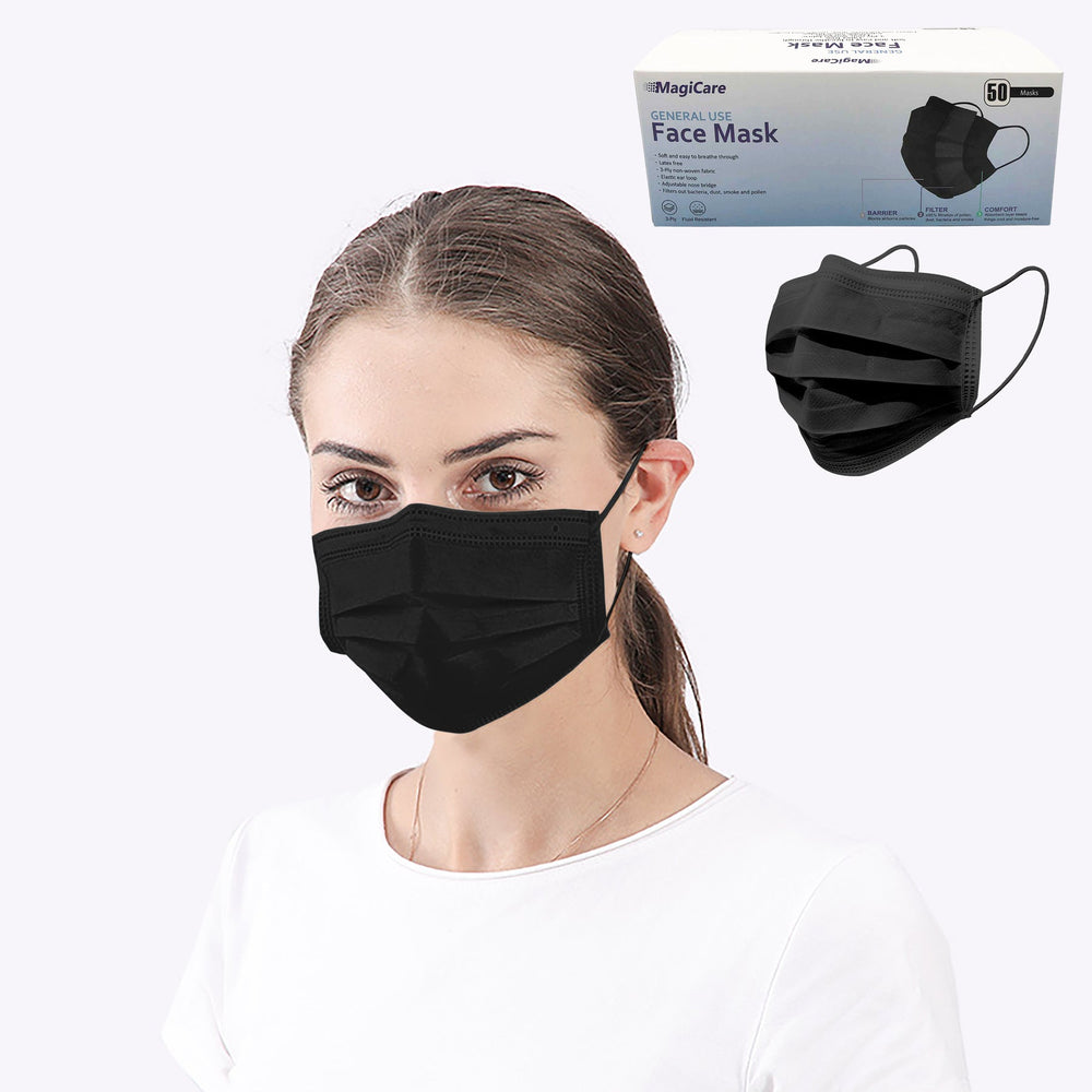 MagiCare Black Disposable Face Masks - Comfortable, Breathable, Soft - Premium 3 Ply Disposable Face Masks - Black Face Masks (1 Box, 50ct)