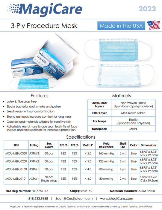 MagiCare Made in the USA Blue 3-Ply Disposable Face Masks ASTM Level 1