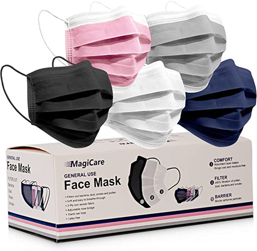 MagiCare Multicolor Disposable Face Masks - 5 Colored Masks (Black, Pink, Gray, White, Navy Blue) - Adult Disposable Face Masks for Women and Men - Soft, Comfortable, Breathable Face Masks- 5 Colorful Mask Options in Packs of 10 (50ct Box)