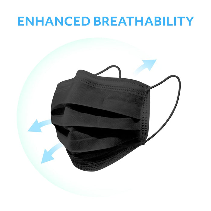 MagiCare black disposable face mask with breathable 3-ply design and elastic ear loops