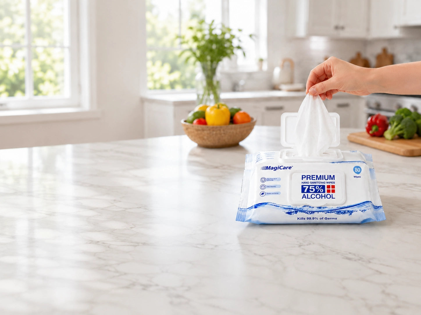 A hand pulling a MagiCare 75% alcohol wipe from the pack on a bright kitchen counter