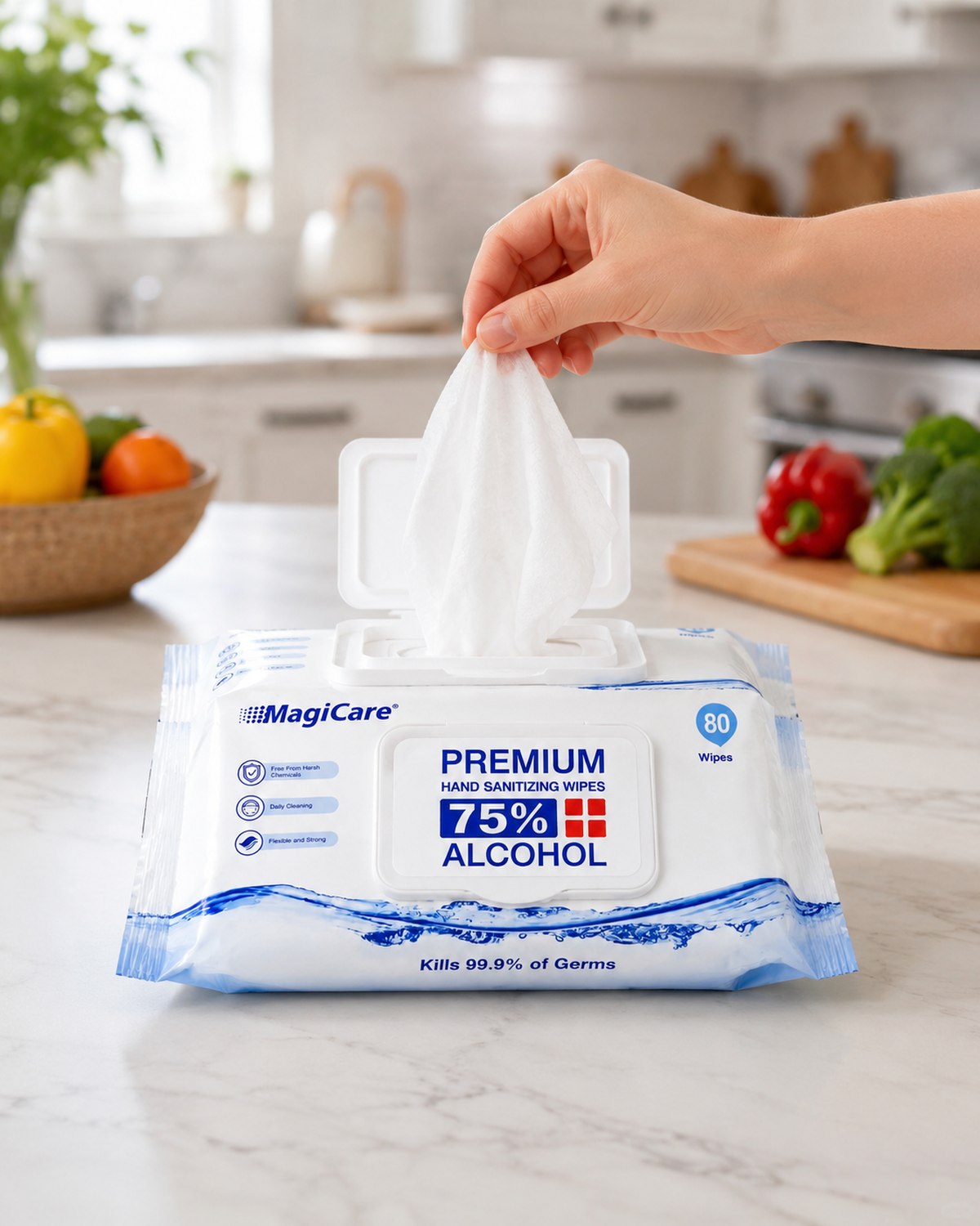 A hand pulling a large MagiCare 75% alcohol wipe from the pack on a bright kitchen counter