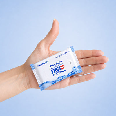A MagiCare 8-count mini pack of 75% alcohol hand wipes lying in an open palm