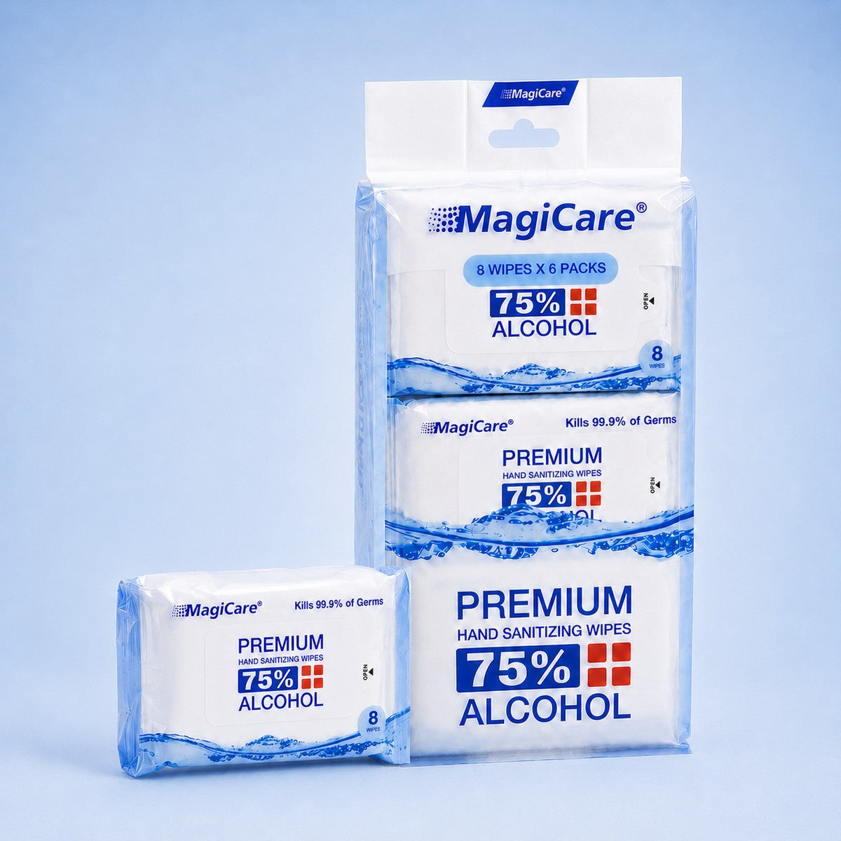 MagiCare travel mini packs — six pocket pouches of 75% alcohol hand wipes, 48 wipes