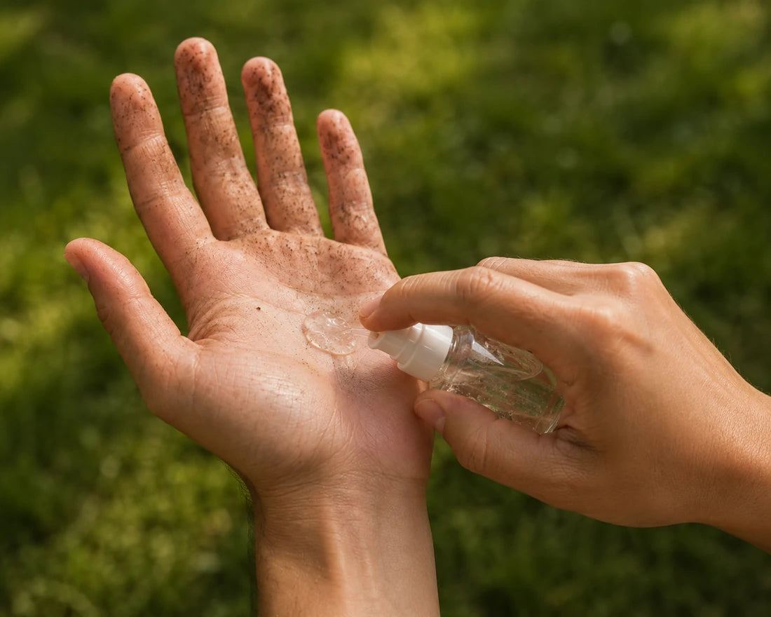 Gel sanitizer squeezed onto a visibly dirty hand, the dirt still there