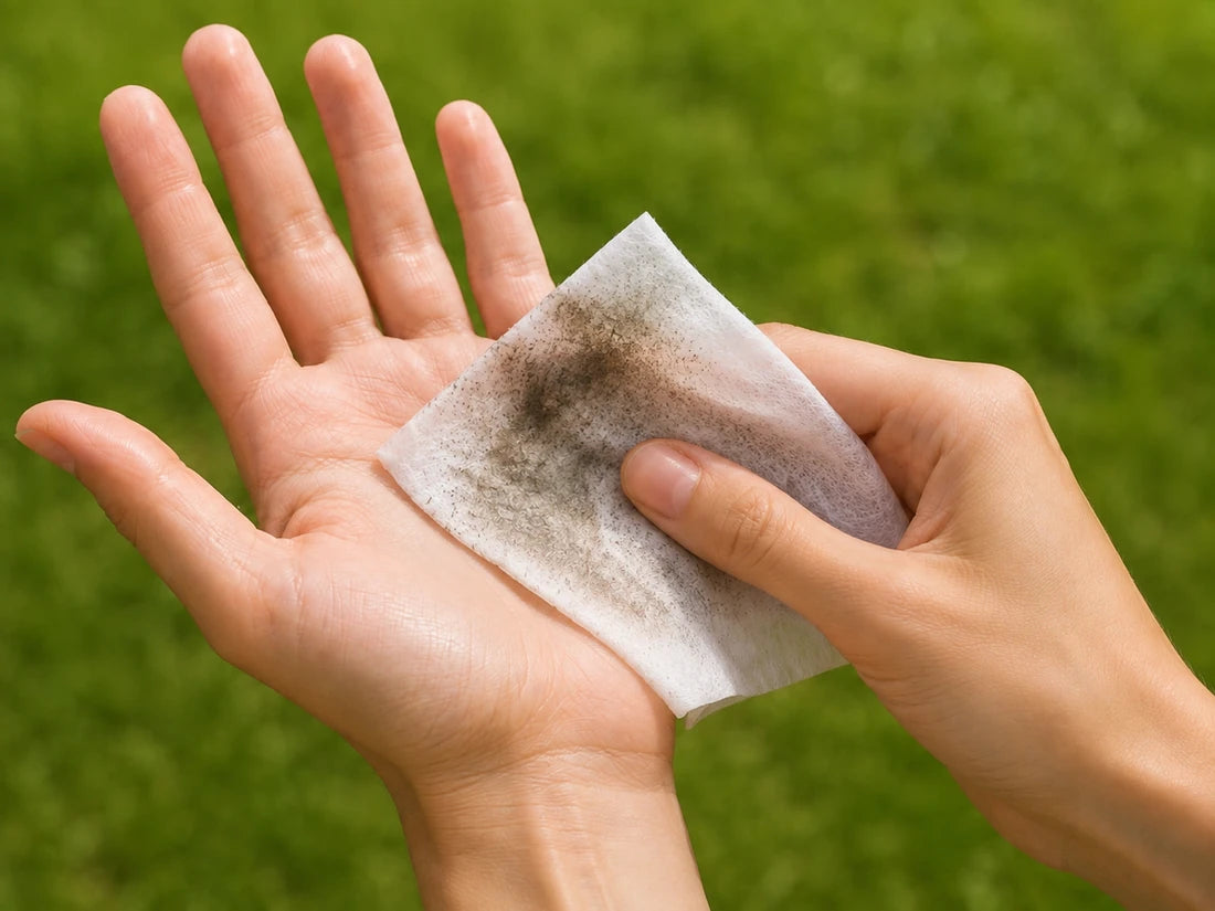 A MagiCare wipe covered in the dirt it has just lifted off a now-clean hand
